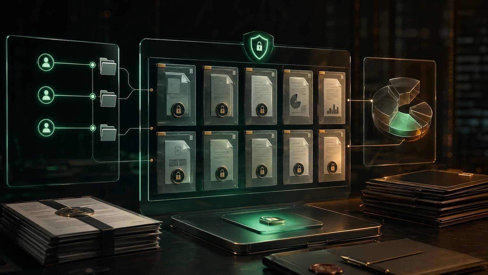 Cinematic secure data room scene with document tiles and investor diligence paths.