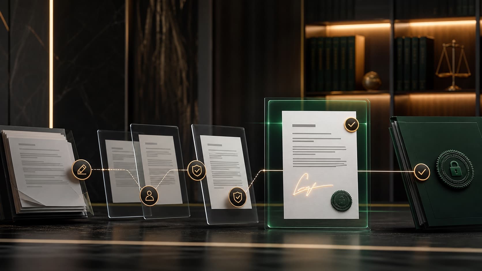 Cinematic e-signature scene with secure agreement routing and audit trail cues.