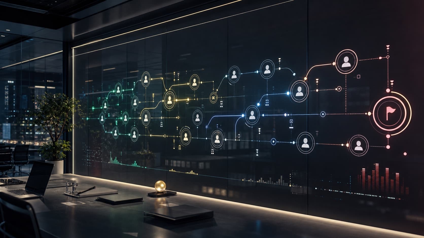 Cinematic investor pipeline scene with fundraising stages and relationship paths.
