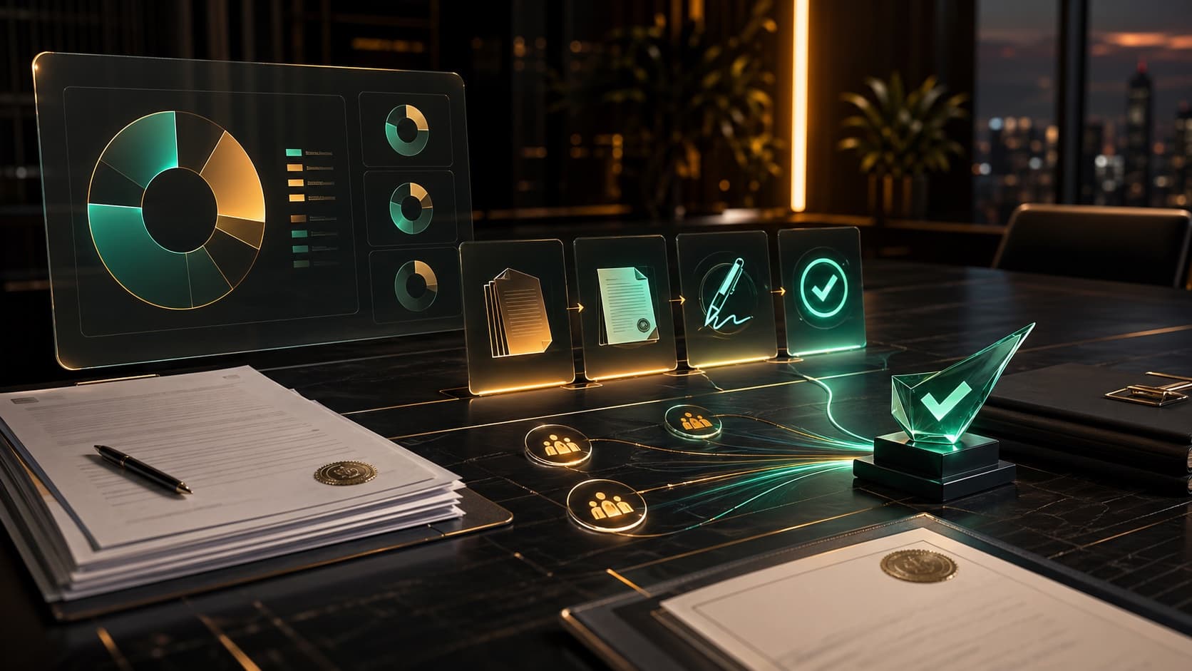 Cinematic round close scene with abstract cap table, signature, and investor workflow cues.