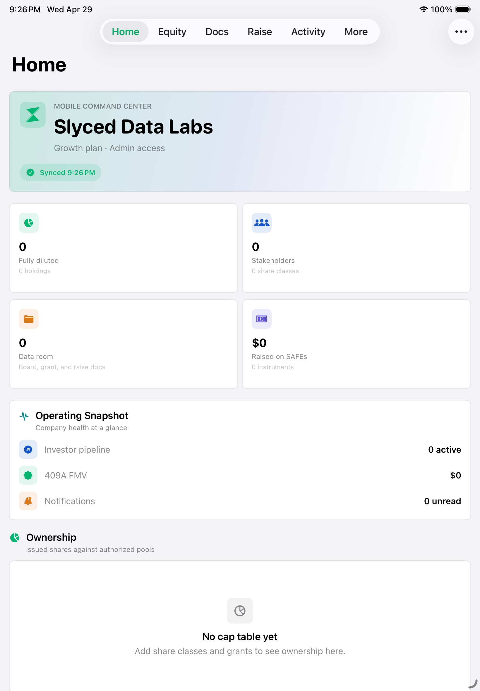 Slyced Data iPad app showing the Home dashboard with equity, documents, fundraising, activity, and more tabs.